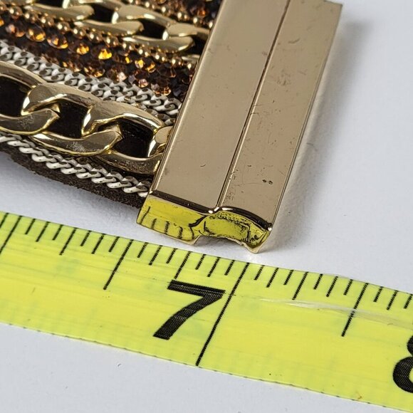 Gold-Tone Multi Chain Charm Leather Cuff Bracelet 7 In Magnetic Clasp - Picture 12 of 13